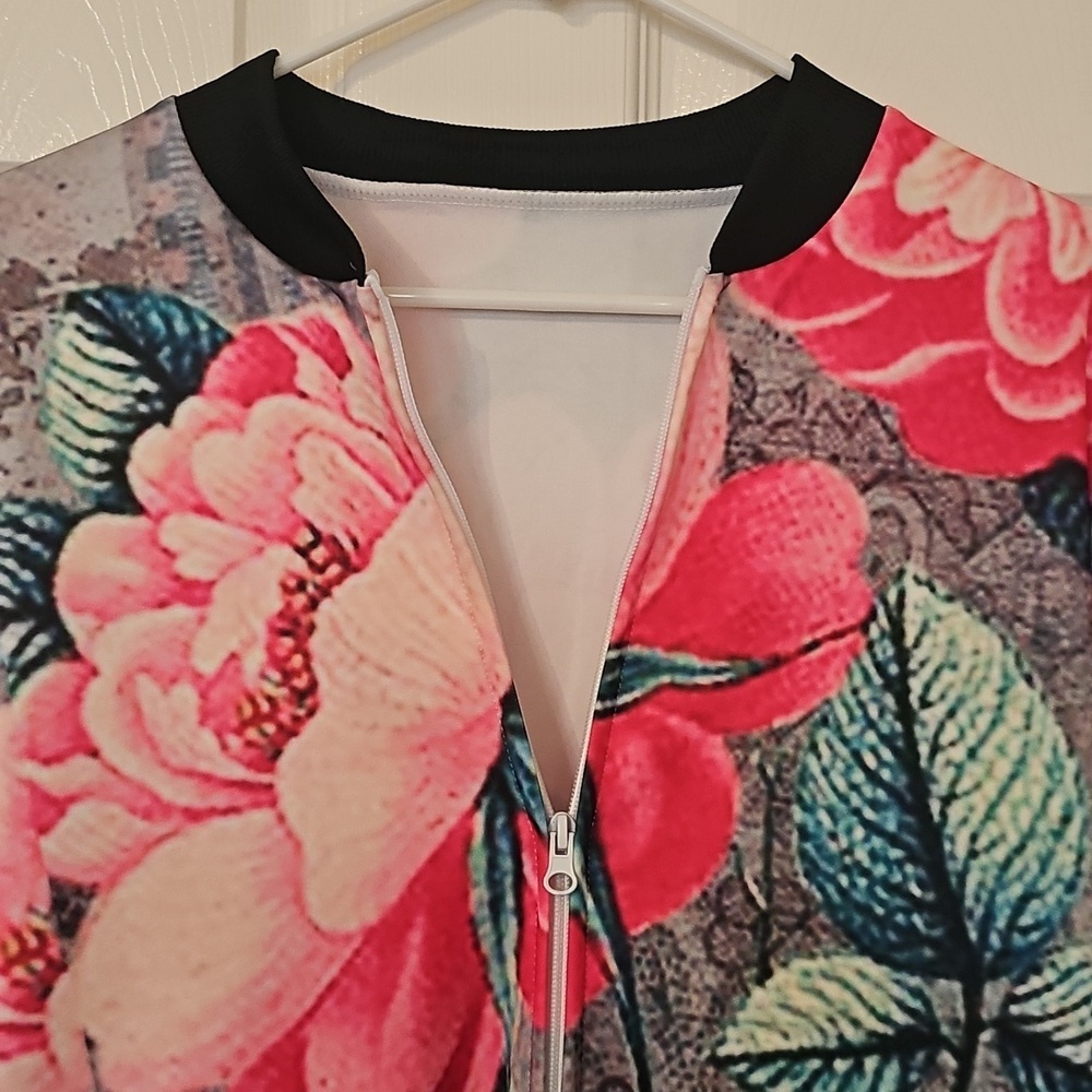 New Retro Y2K Lightweight Bomber Jacket Floral Full Zip Large - Picture 12 of 13